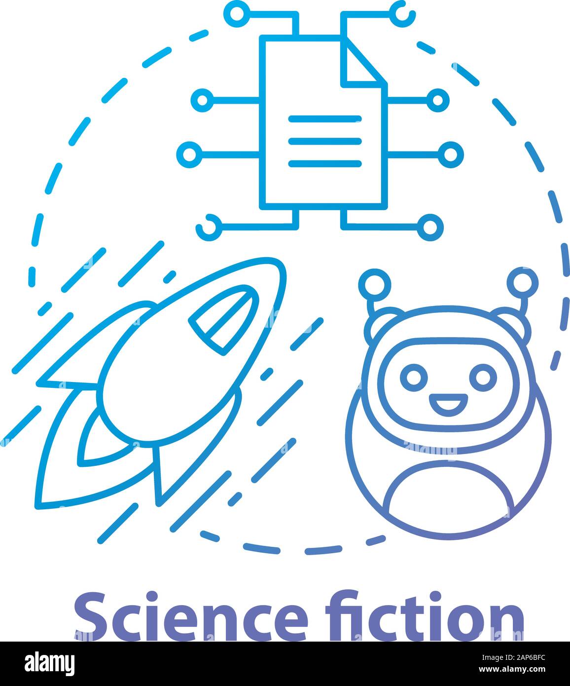 Science fiction blue concept icon. Cosmic travelling and future technologies, sci fi innovations idea thin line illustration. Space exploration storie Stock Vector