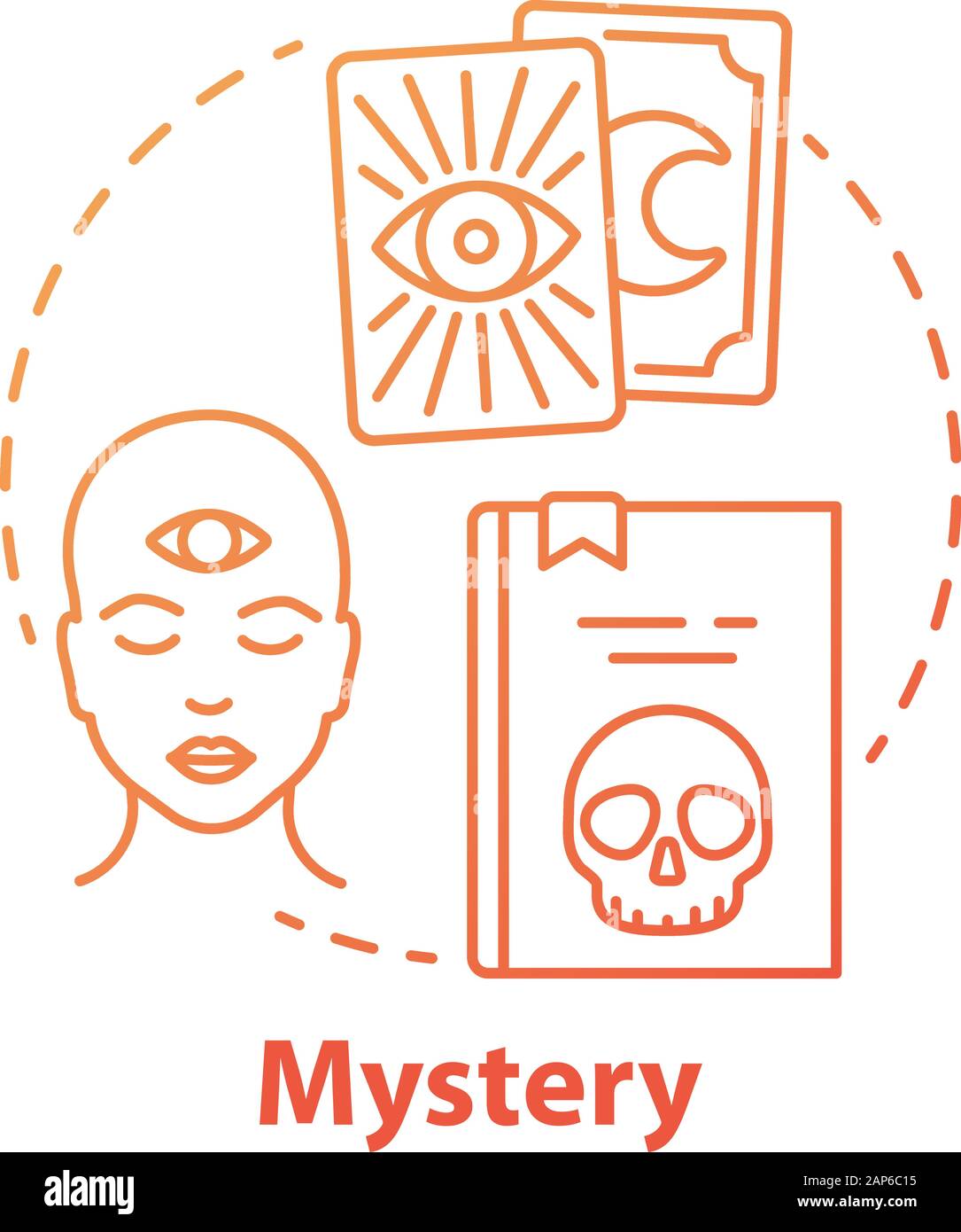 Mystery red concept icon. Occult book idea thin line illustration. Mysticism, taromancy & esoteric literature. Fortune telling and divination. Vector Stock Vector