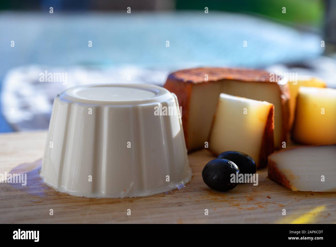 Cheese collection, piece of Spanish manchego cheese made from cow milk with red paprika and soft