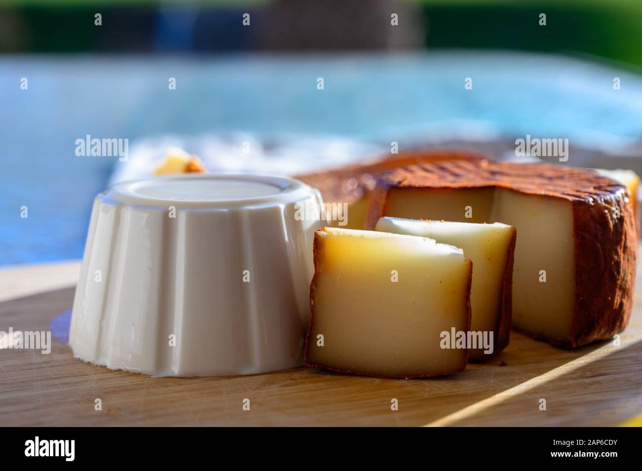 Cheese collection, piece of Spanish manchego cheese made from cow milk with red paprika and soft