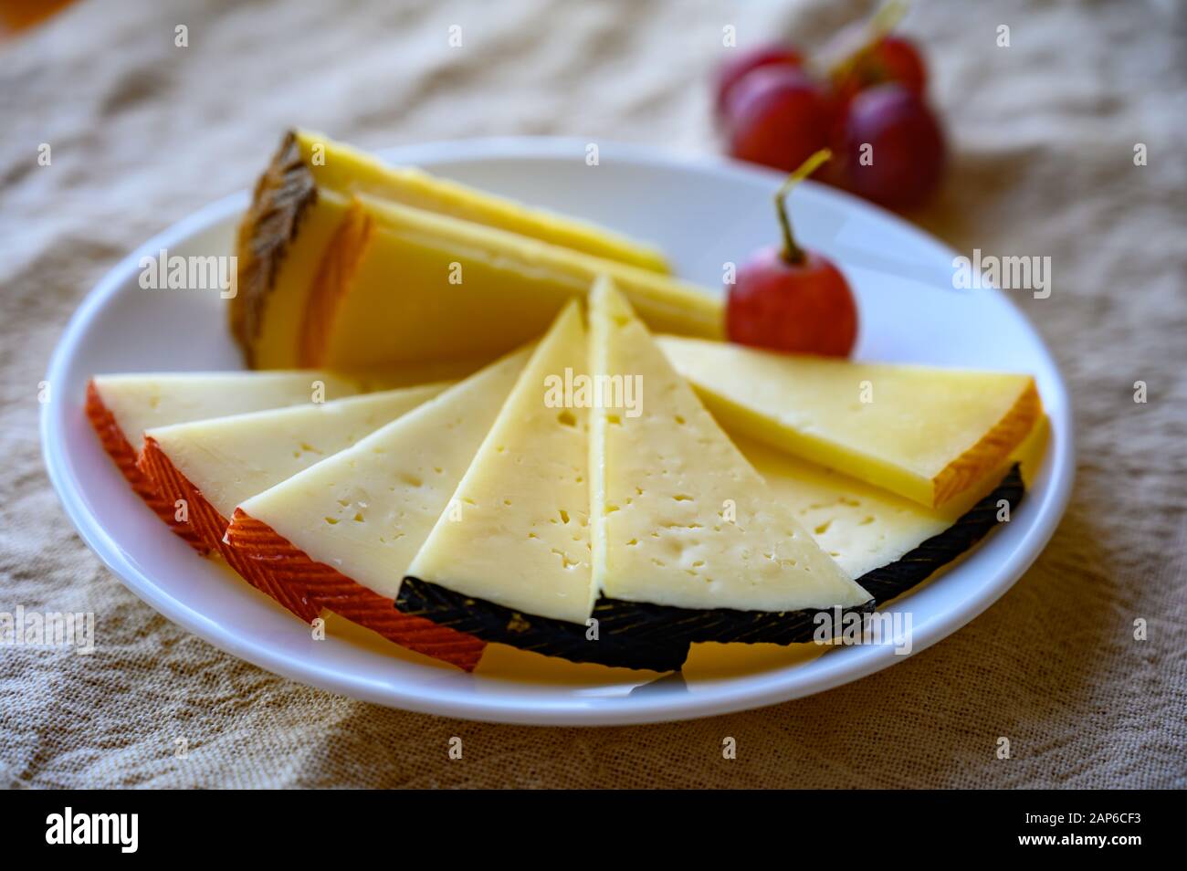 Cheese collection, variety of Spanish manchego cheese made from cow and goat milk close up Stock