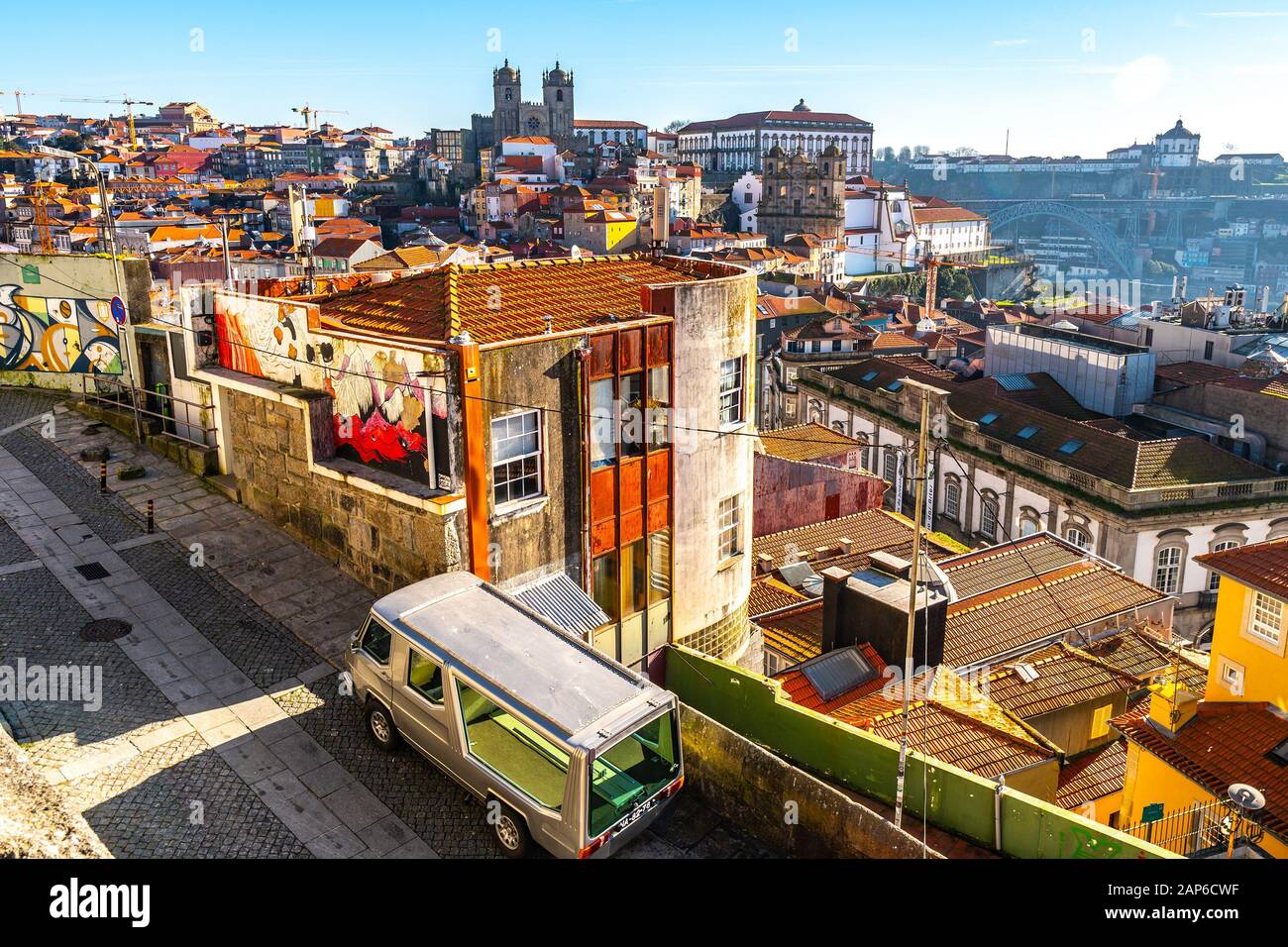 Porto Breathtaking Picturesque Cityscape Viewpoint View of Ribeira District  and a Funeral Car with Sun Rays on a Sunny Blue Sky Day in Winter Stock  Photo - Alamy