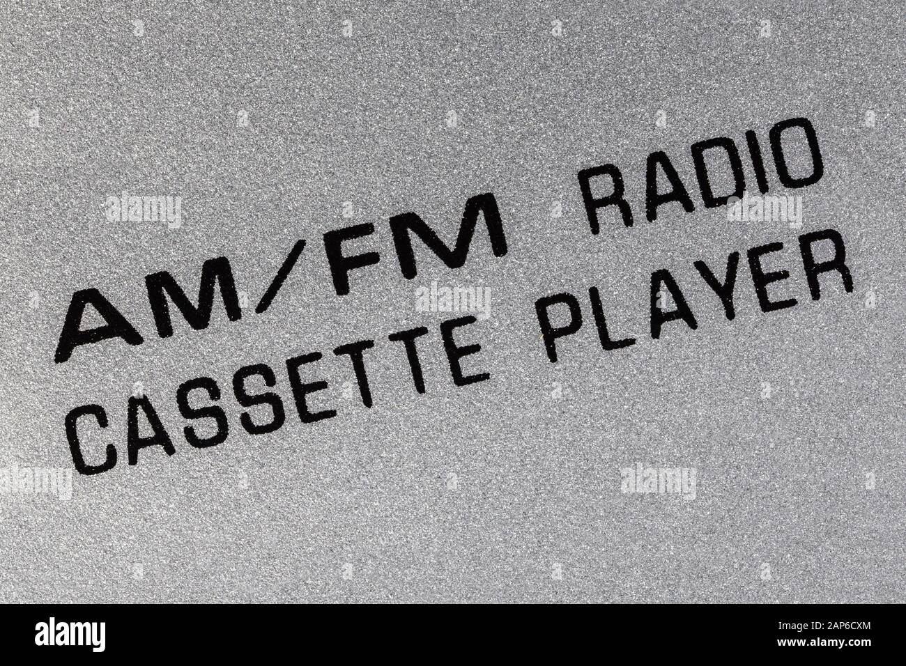 Macro close up photograph of AM FM Radio Cassette Player detail on vintage boombox. Stock Photo