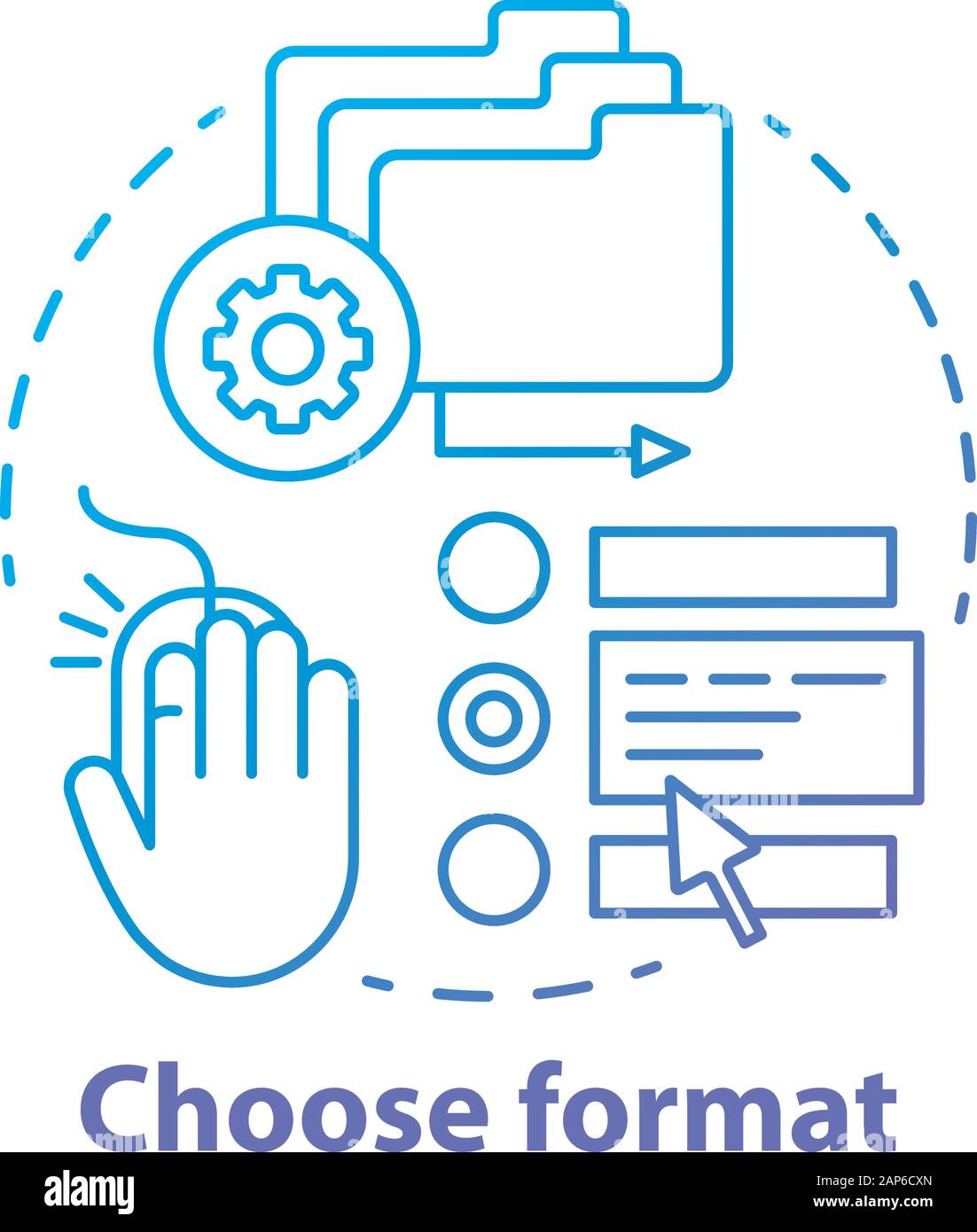 Choose format blue concept icon. Data management idea thin line illustration. Various types and options of getting information, knowledge. Files manag Stock Vector