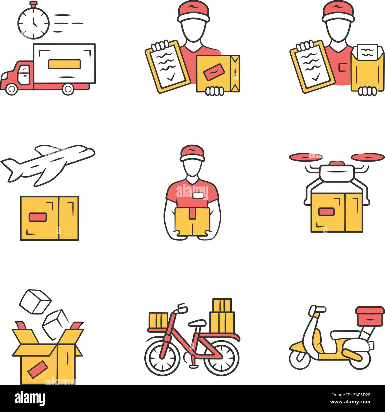 Delivery yellow color icons set. Plane, drone express shipping. Parcel, document courier