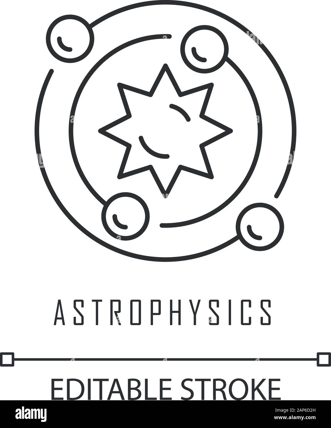 Astrophysics linear icon. Study of universe, stars, planets, galaxies. Astrophysical discoveries. Thin line illustration. Contour symbol. Vector isola Stock Vector