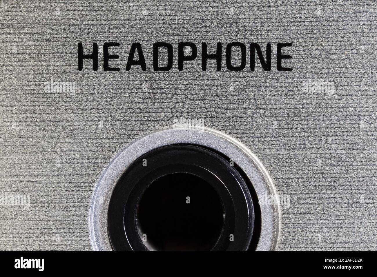 Close up macro photograph of headphone jack on vintage boombox stereo. Stock Photo