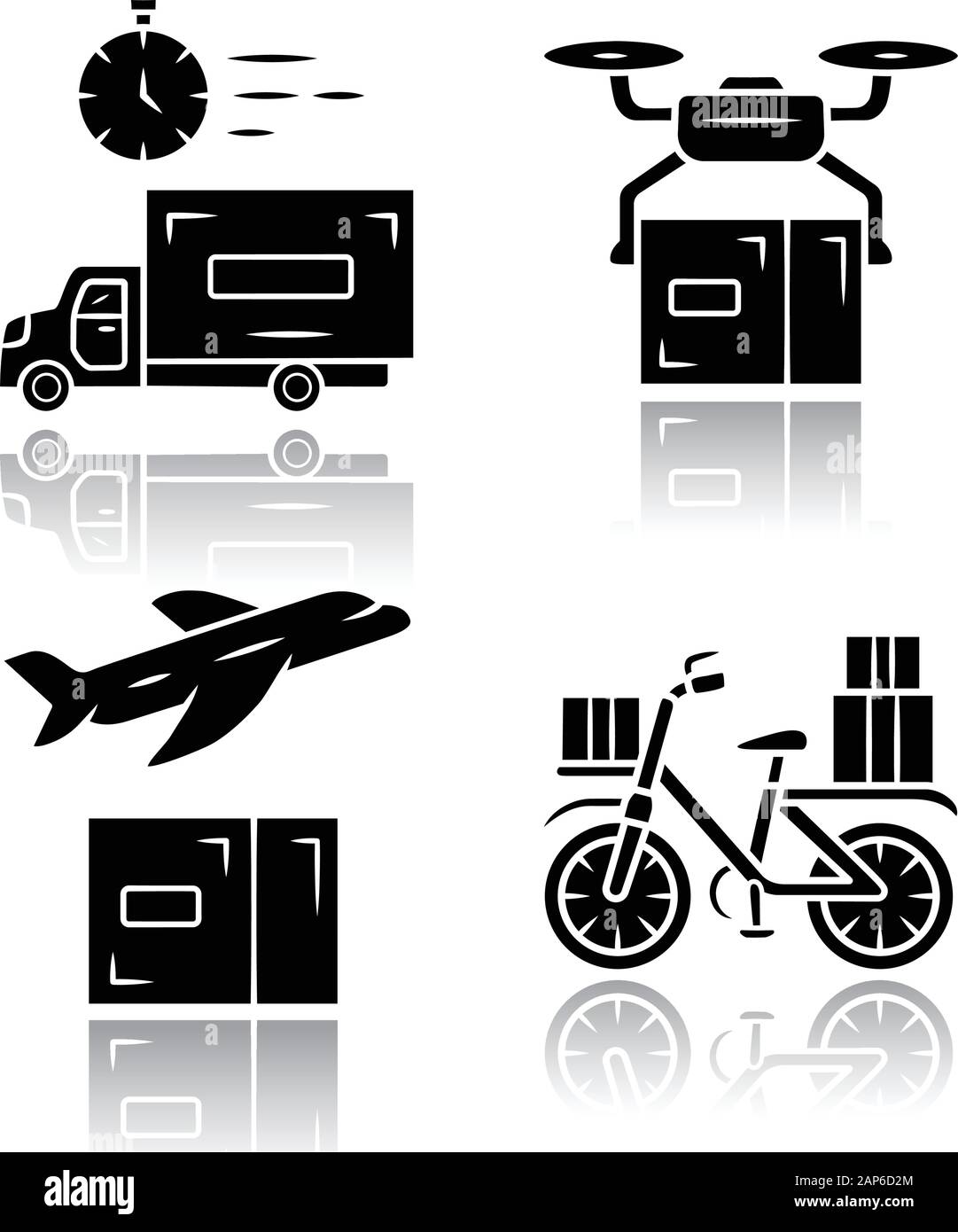 Delivery drop shadow black glyph icons set. Freight shipping service ...