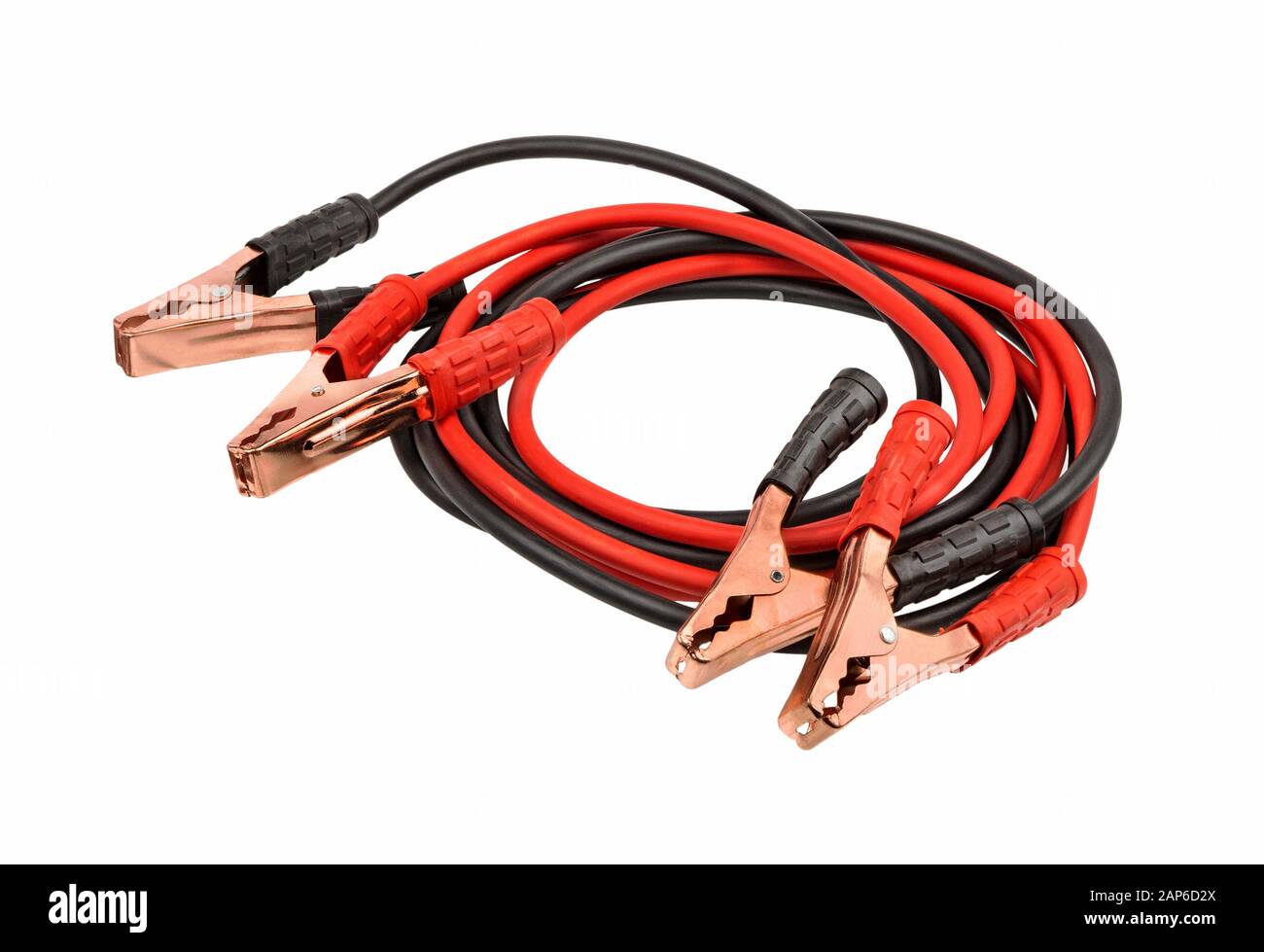 Jumper cable isolated on white background. Cable for car battery. Power supply wire. Stock Photo