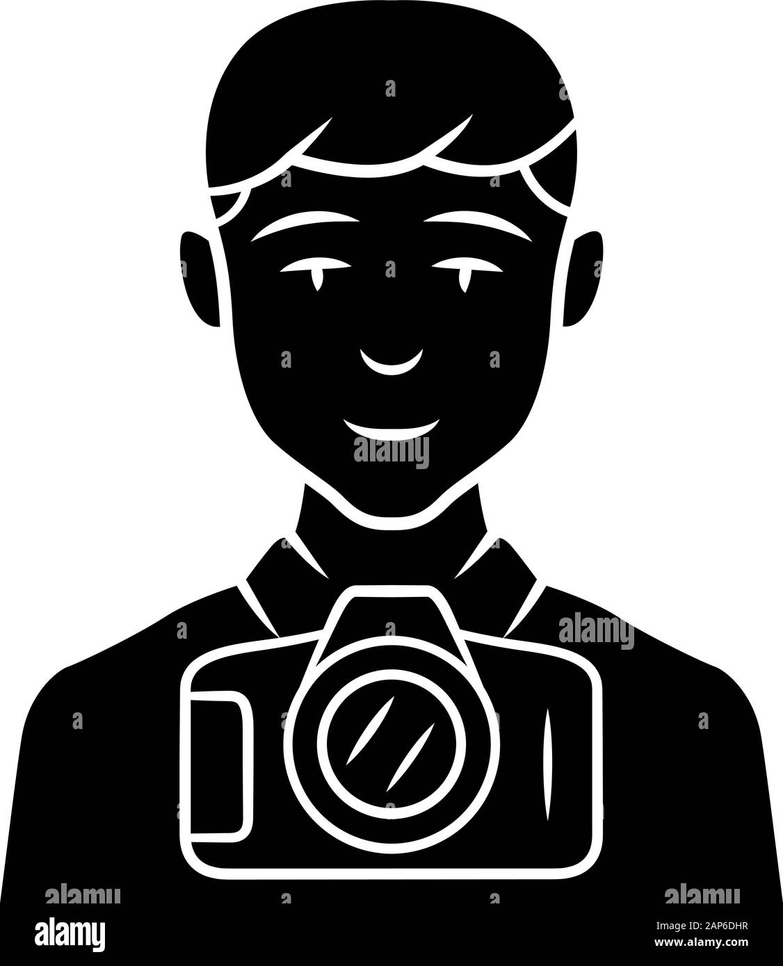 Photojournalist glyph icon. Photographer, paparazzi. Making snapshot. Professional media reporter. Journalist taking picture. Silhouette symbol. Negat Stock Vector