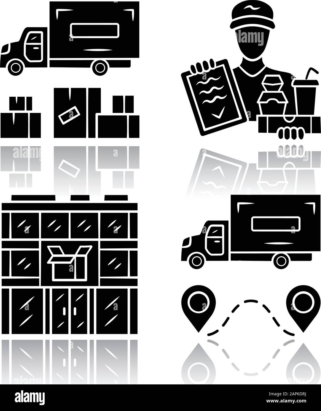 Delivery drop shadow black glyph icons set. Heavy goods shipping, food ...
