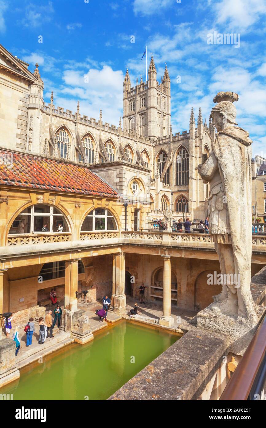View of Roman Baths and Bath Cathedral, Bath, Somerset, UK Stock Photo