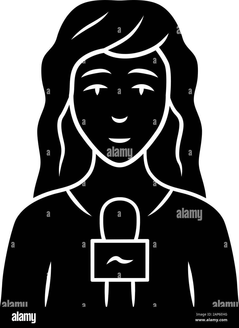 Reporter woman glyph icon. TV presenter, interviewer with microphone. Female journalist taking interview. Newswoman reporting news. Silhouette symbol. Stock Vector