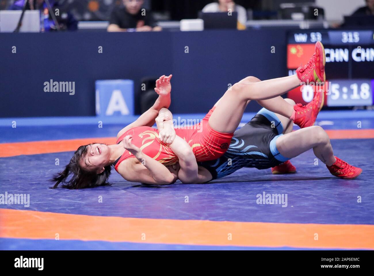 17 januari 2020 Rome, Italy Restling, International Tournament  , lannuan luo (china) category ww 53 kg during 1° Ranking Series International Tournament - Day3 - Wrestling Stock Photo