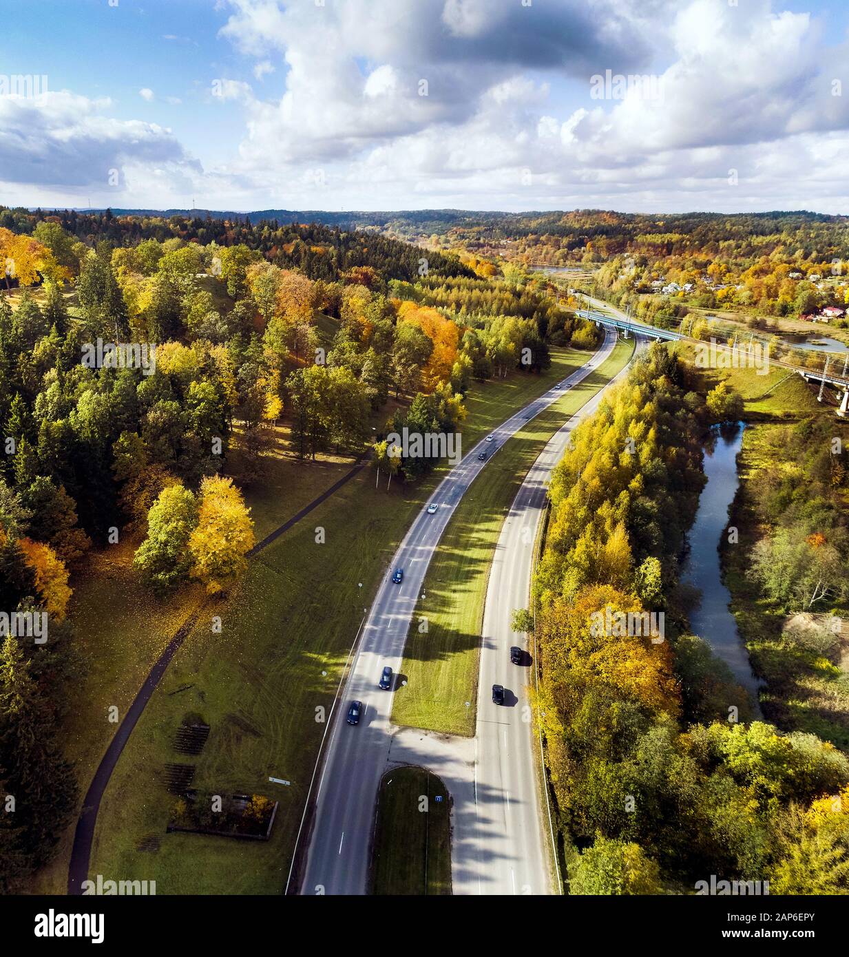 Naujoji Vilnia district in autumn time from drone perspective Stock Photo