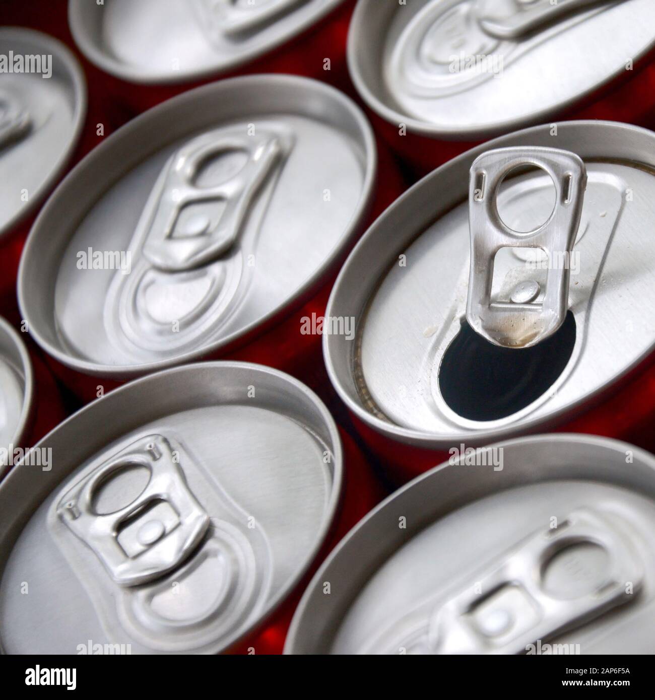 Many aluminium soda drink cans close up. Advertising for Soda drinks or tin cans mass