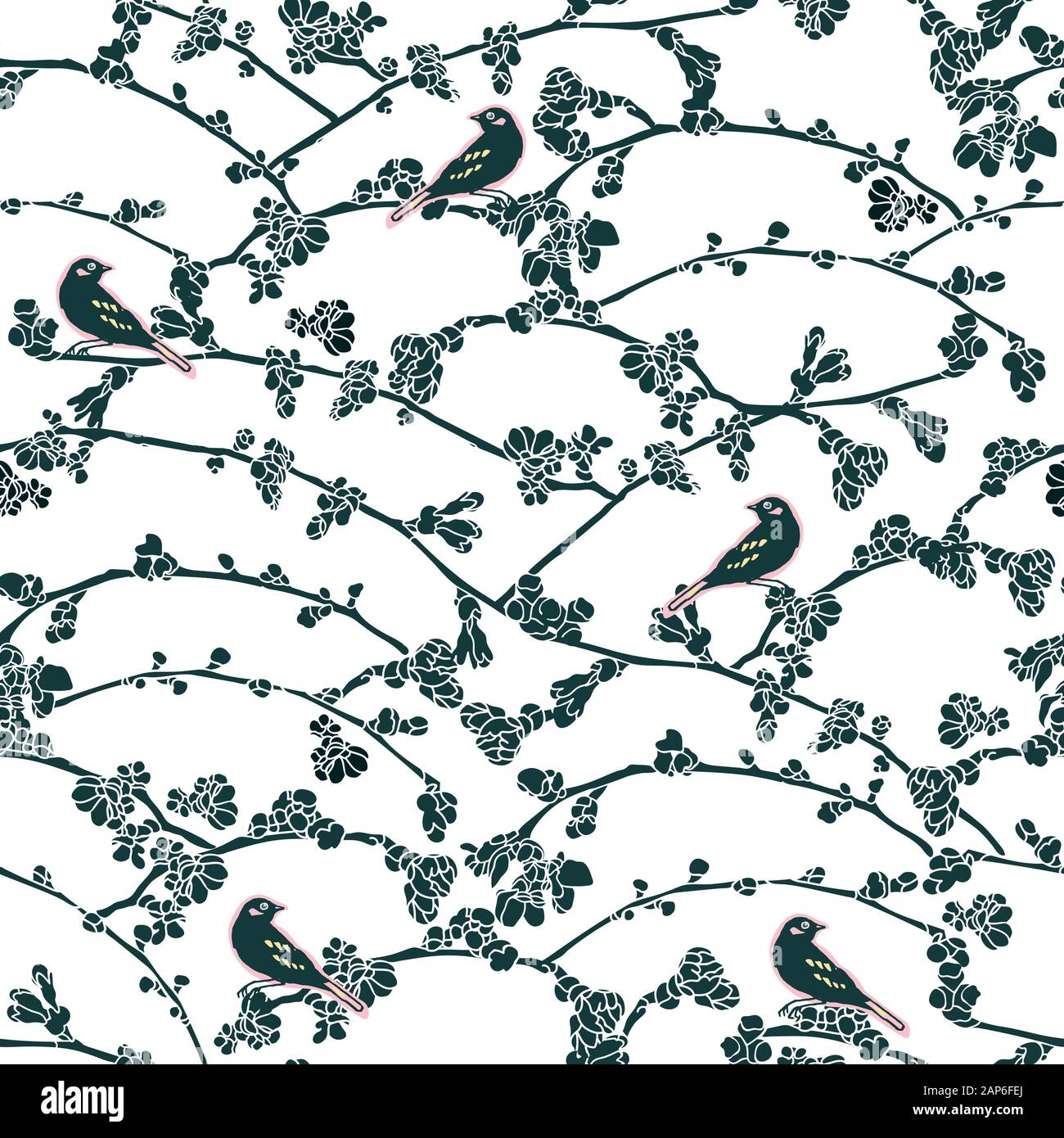 Vector realistic botany cherry tree repeat pattern with spring floral ...