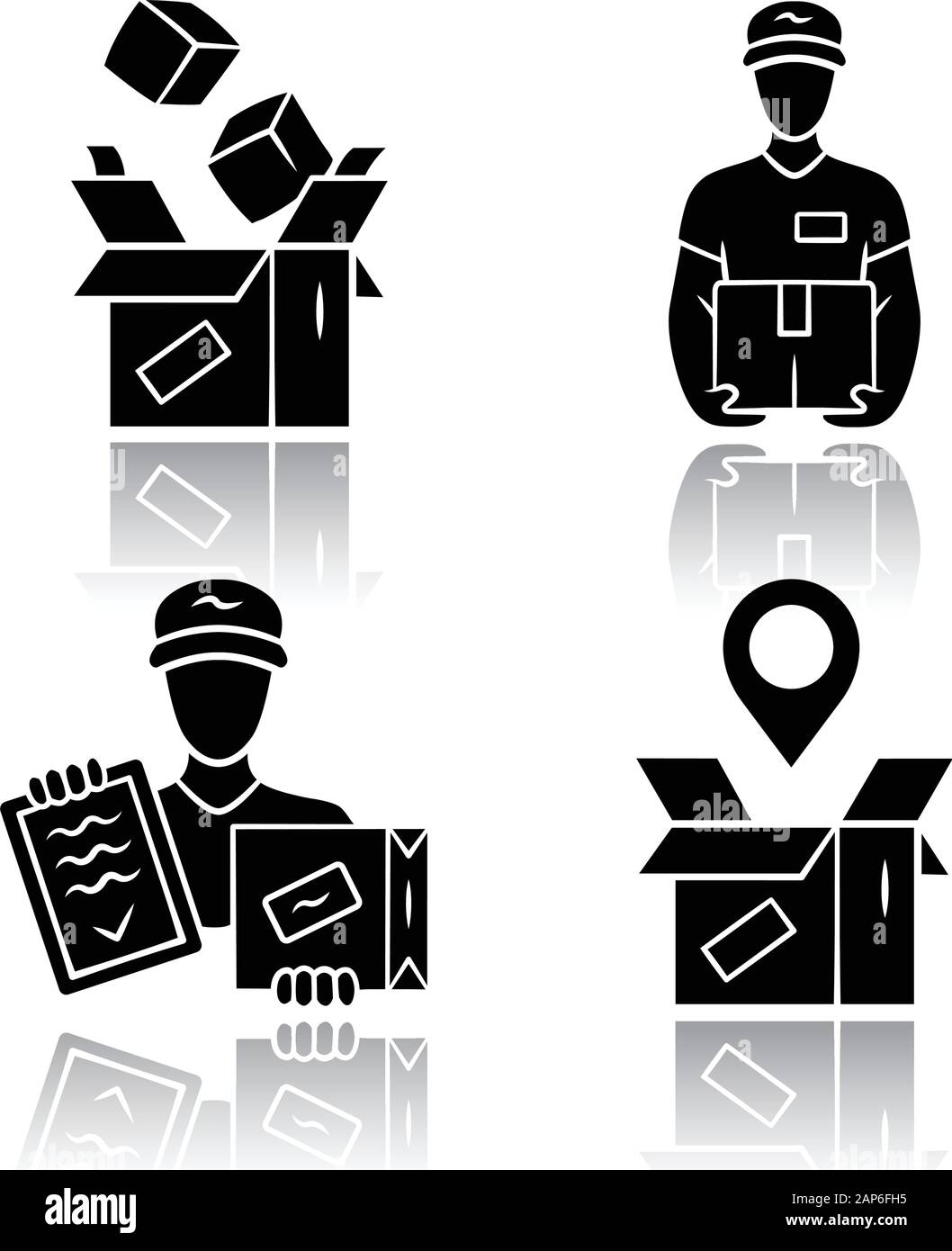 Delivery drop shadow black glyph icons set. Parcel packing, deliveryman ...