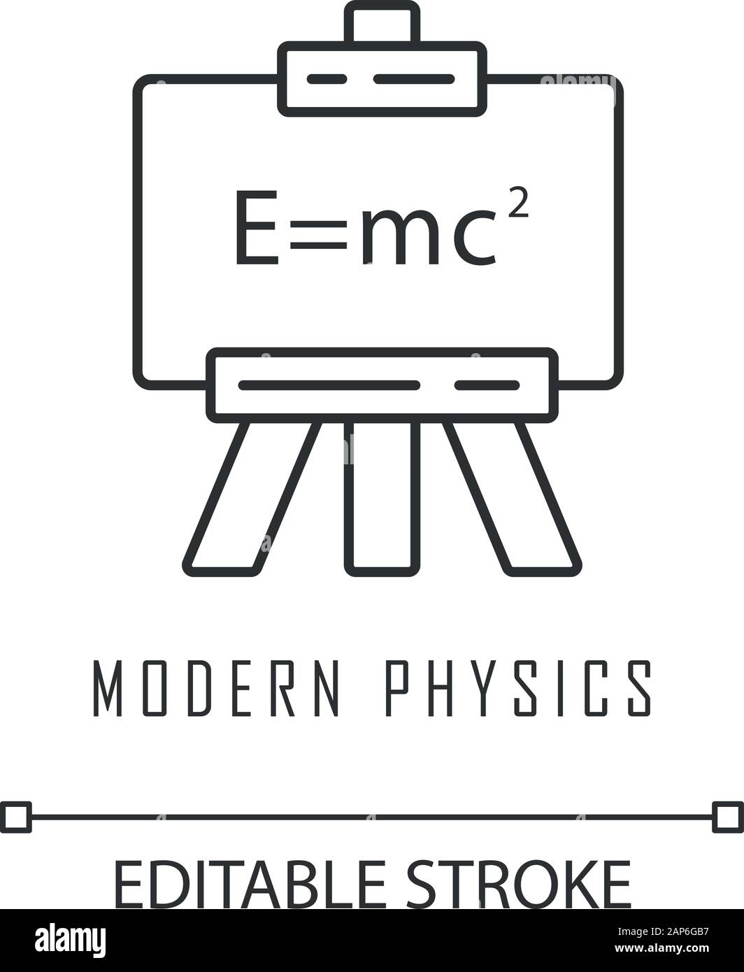 Modern physics linear icon. Theory of relativity and quantum mechanics. Einstein formula on whiteboard. Thin line illustration. Contour symbol. Vector Stock Vector