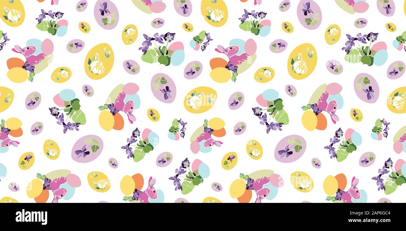 Vector realistic botany easter repeat pattern with rabbit, viola ...
