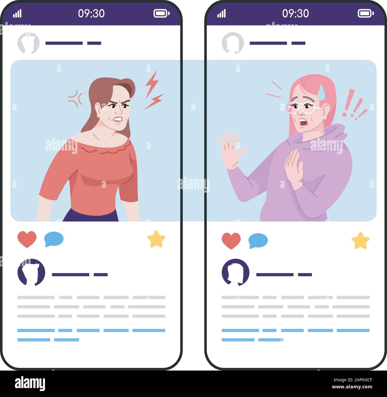 Anger and fear social media posts smartphone app screen. Mobile phone displays with cartoon characters design mockup. Madness and panic. Chatting, soc Stock Vector