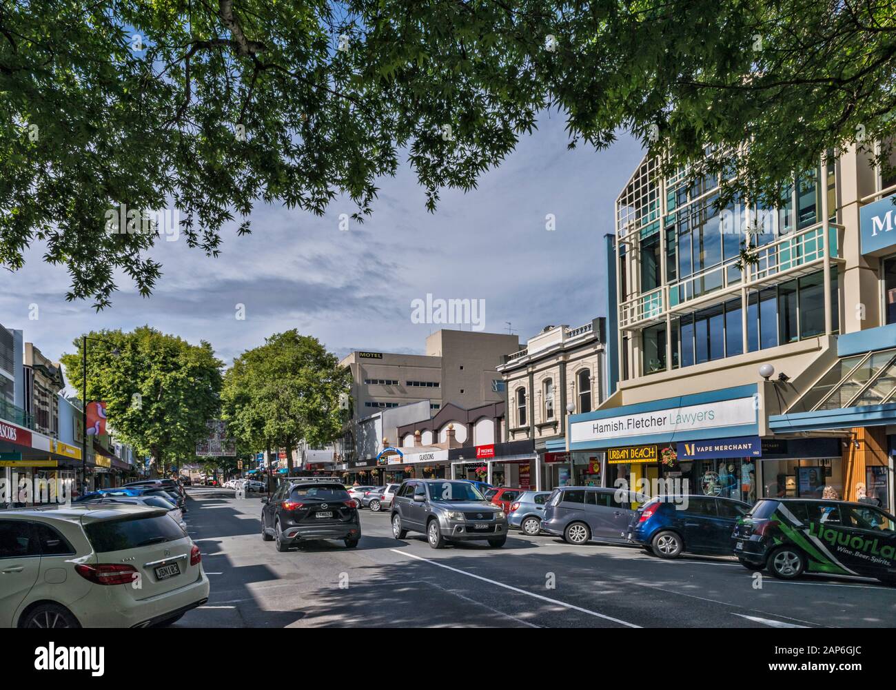 Shops at Trafalgar Street in Nelson, South Island, New Zealand Stock