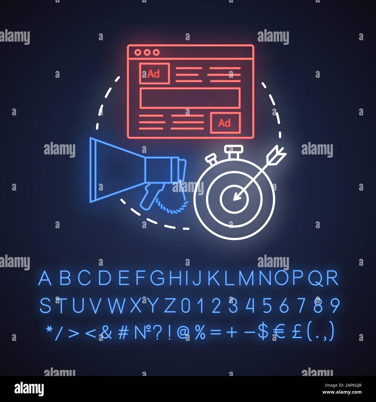 Focus on marketing neon light concept icon. Targeting market strategy ...