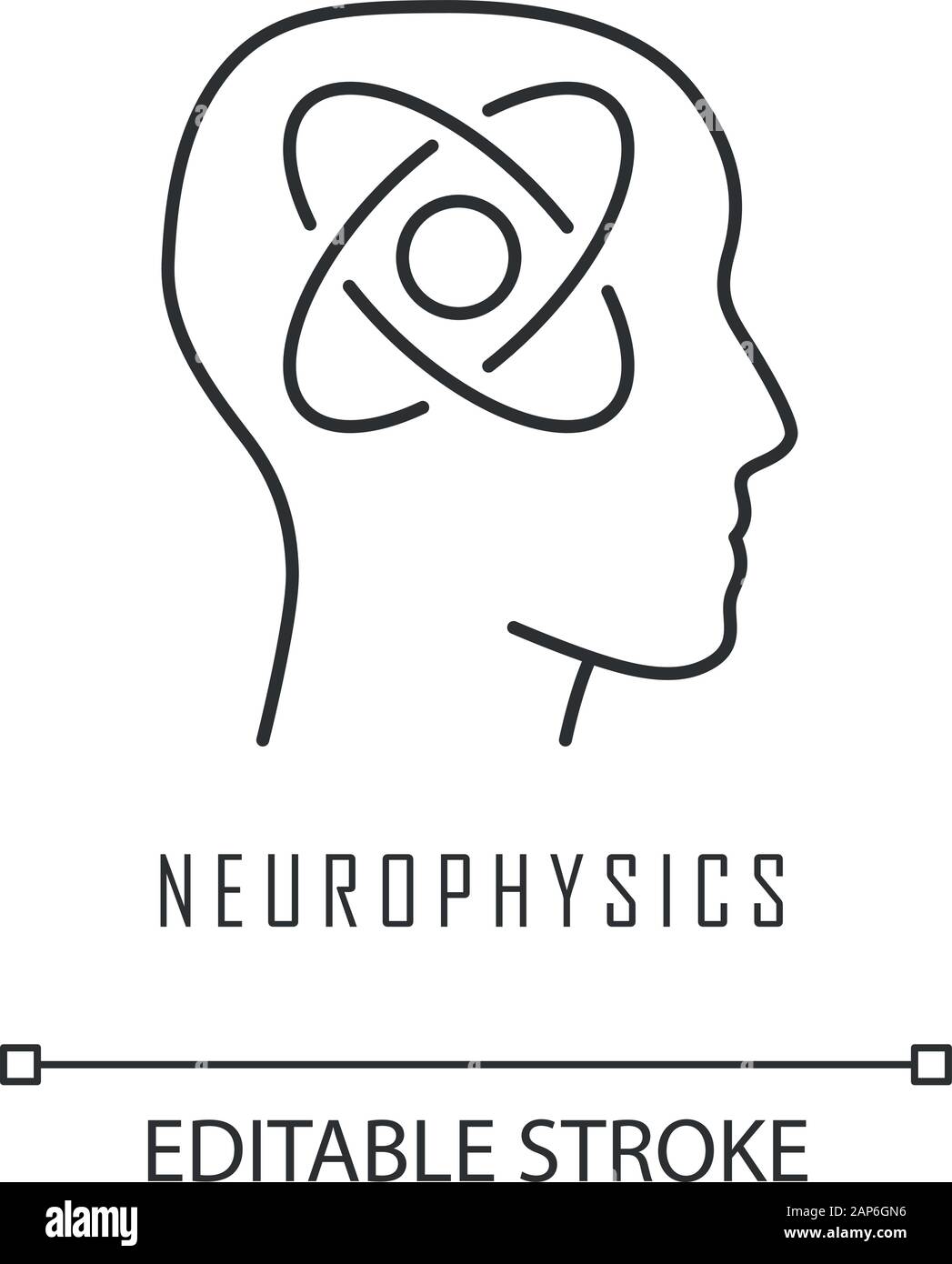 Neurophysics linear icon. Nervous system, human brain studying. Neuroscience research. Cognitive neuroscience. Thin line illustration. Contour symbol. Stock Vector