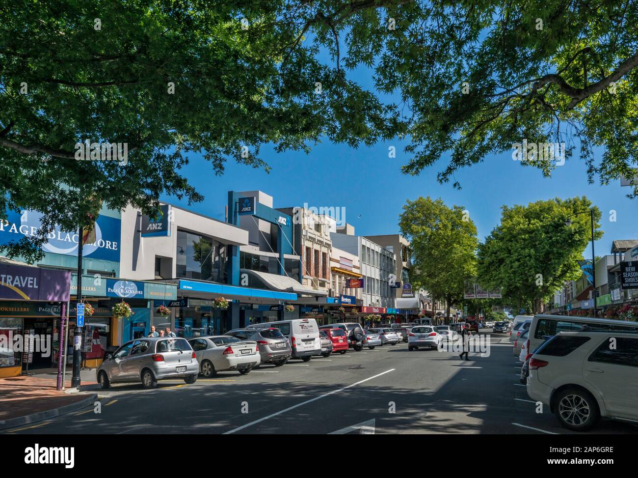 Shops at Trafalgar Street in Nelson, South Island, New Zealand Stock