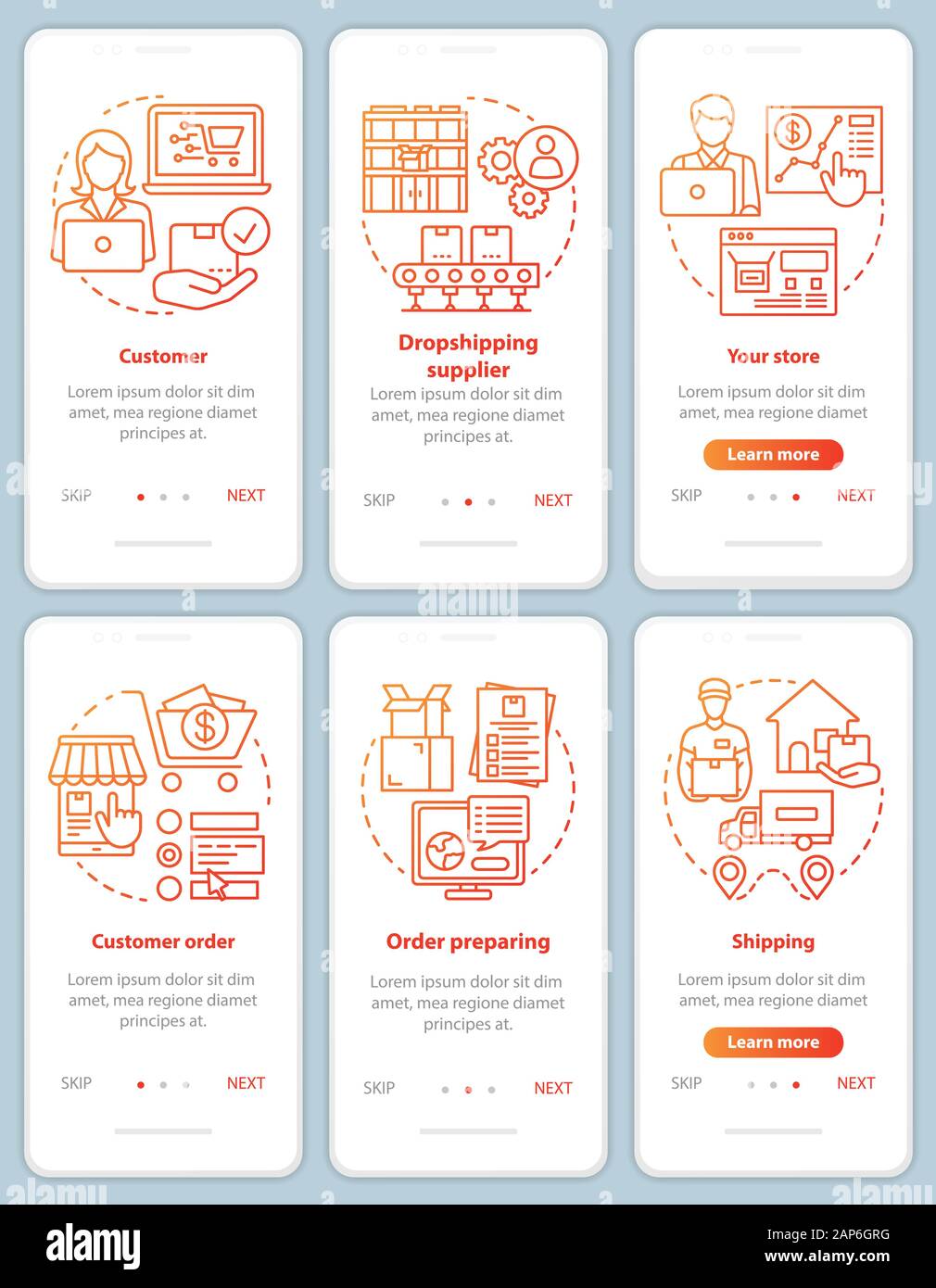 Dropshipping red onboarding mobile app page screen vector template set ...