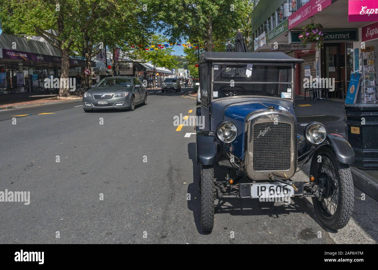 1930 Austin 7 Roadster Special parked at street in center of Nelson, South Island, New Zealand Stock Photo