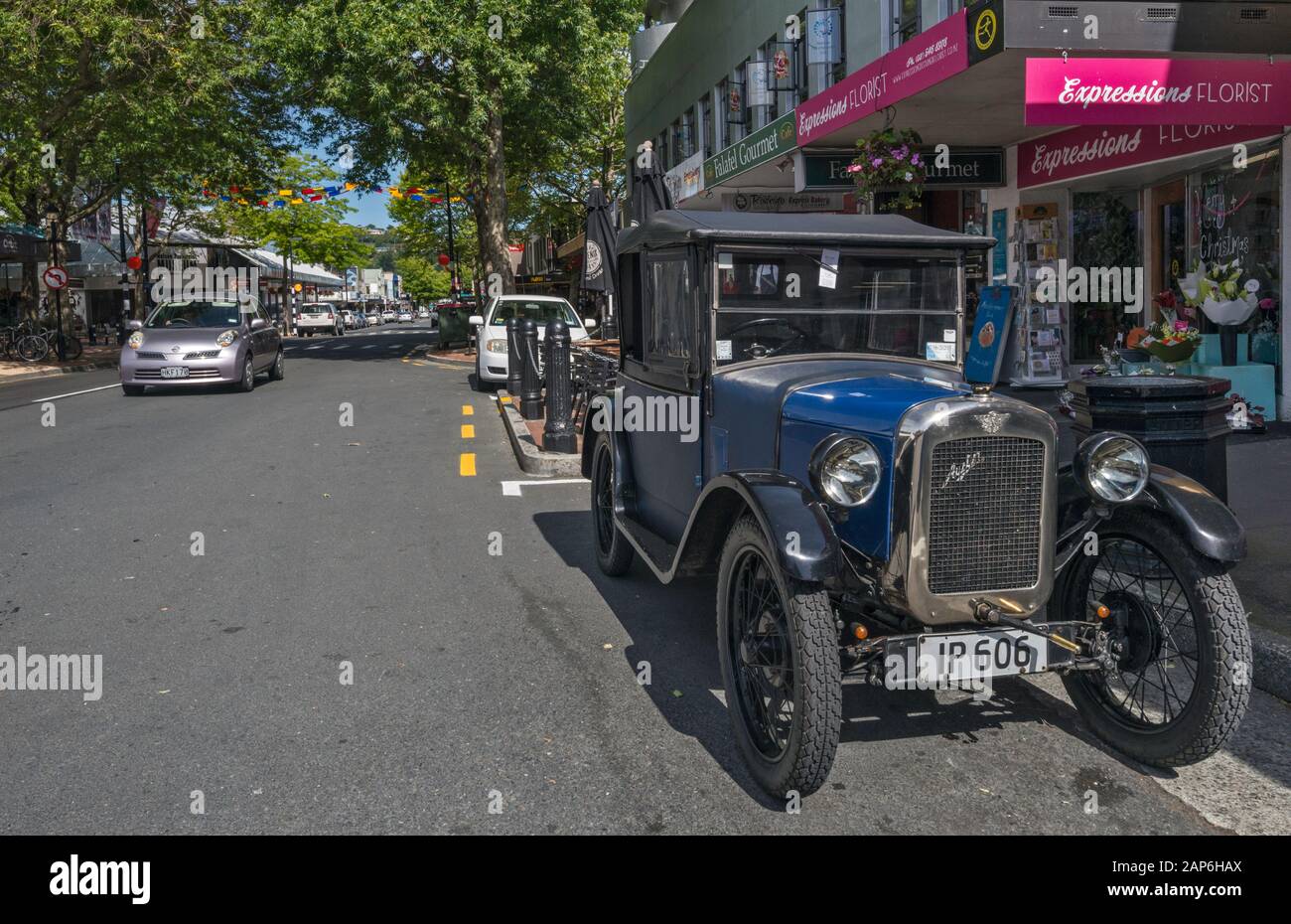 1930 Austin 7 Roadster Special parked at street in center of Nelson, South Island, New Zealand Stock Photo