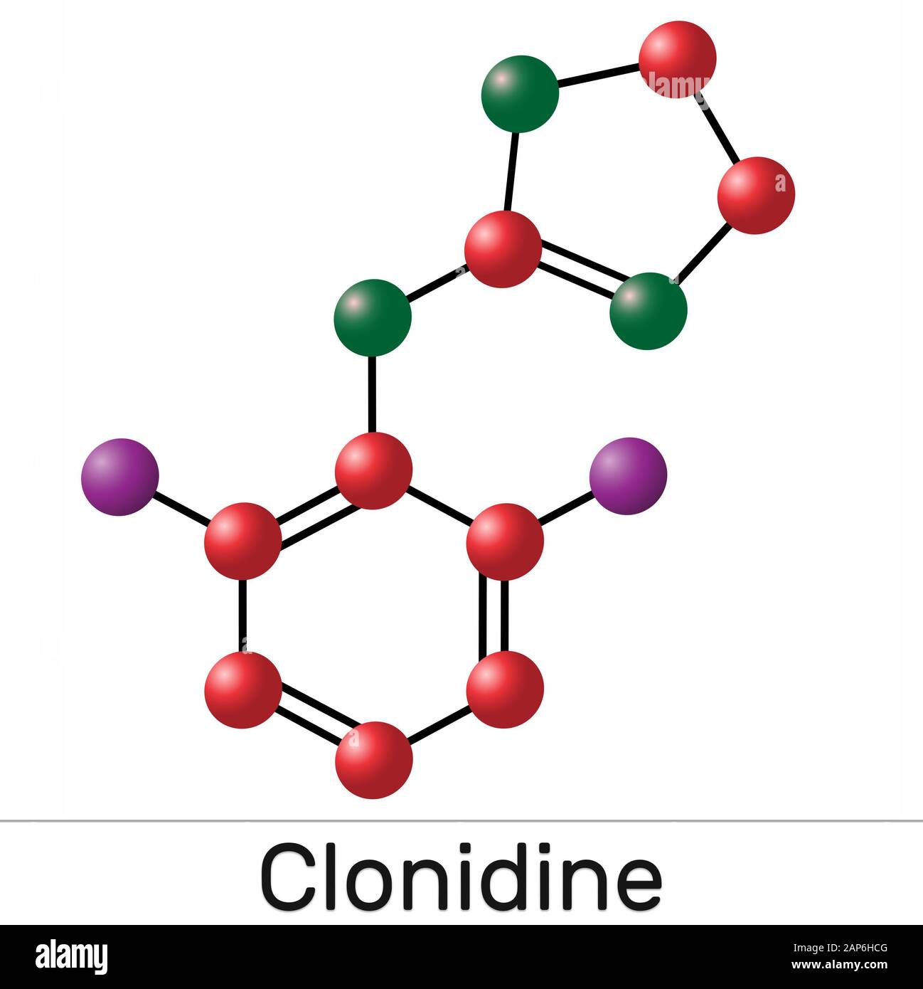 Clonidine molecule. It is useful for the treatment of hypertension, severe pain, and ADHD. Illustration Stock Photo