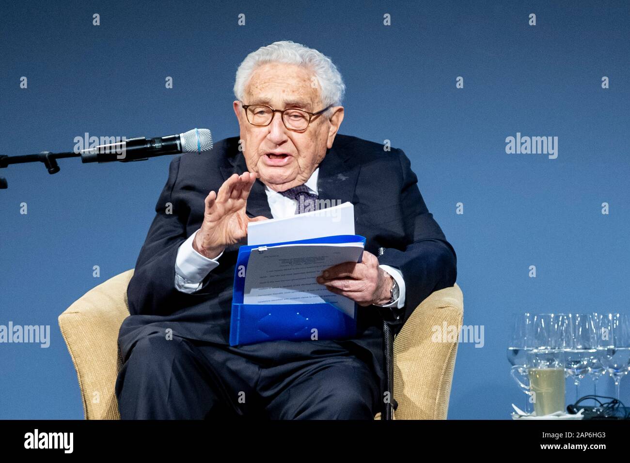 Berlin, Germany. 21st Jan, 2020. Henry A. Kissinger, former US Secretary of State, speaks at the award of the Henry A. Kissinger Prize to the German Chancellor. The prize is awarded annually by the American Academy in Berlin to a renowned personality from the field of international diplomacy. Credit: Christoph Soeder/dpa/Alamy Live News Stock Photo
