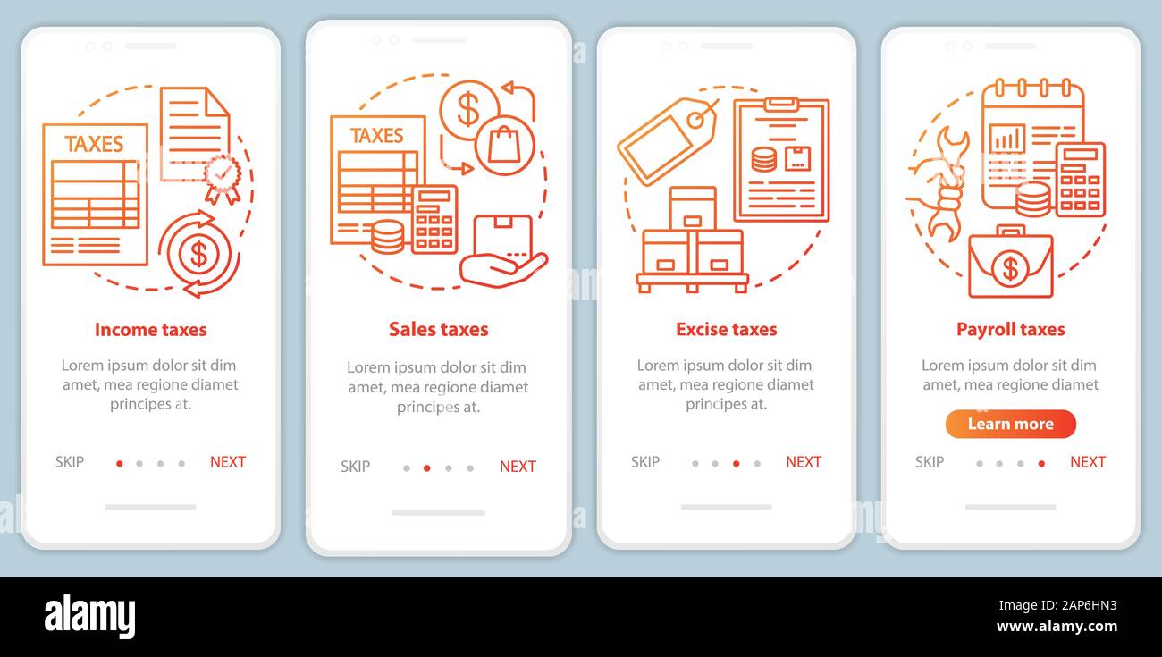 US Taxes types red onboarding mobile app page screen vector template ...