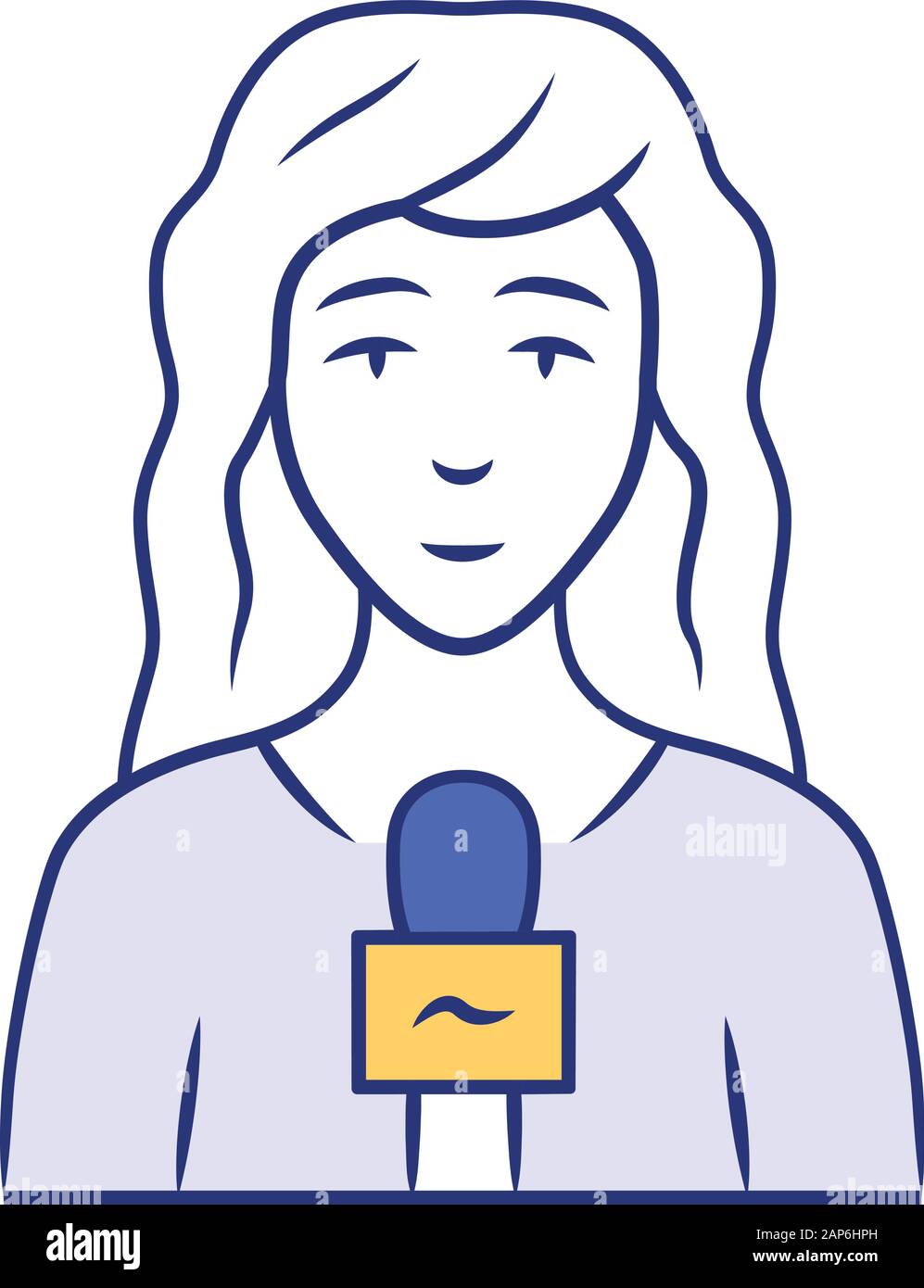 Reporter woman blue color icon. TV presenter, interviewer with microphone. TV hostess. Female journalist taking interview. Newswoman reporting breakin Stock Vector