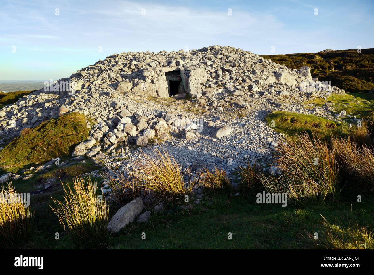 Carrowkeel important prehistoric Neolithic passage tomb necropolis. Bricklieve Hills, Co. Sligo, Ireland. Cairn H showing portal entrance Stock Photo