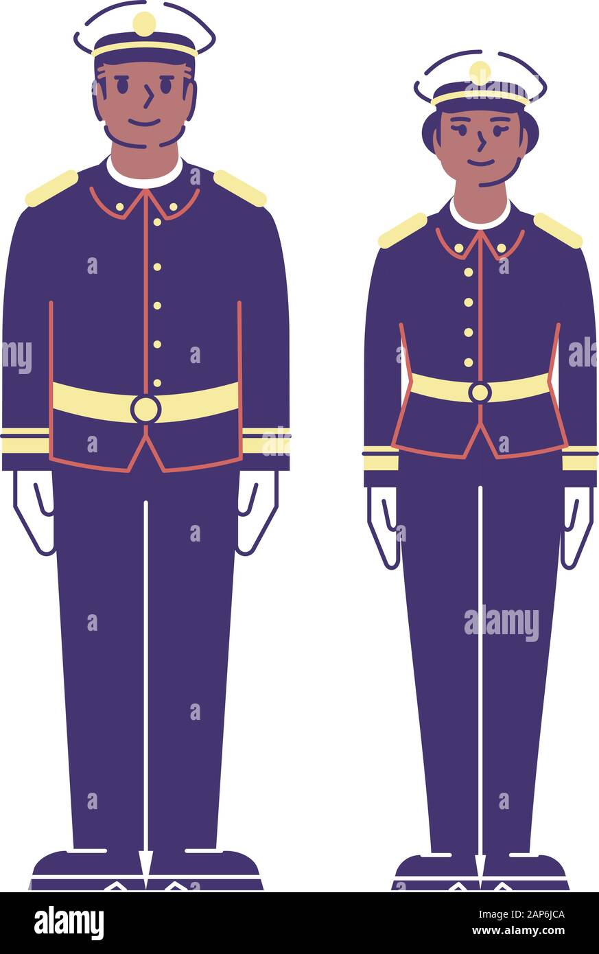Army service workers flat vector characters. US soldiers standing at attention in festive uniform cartoon illustration with outline. African american Stock Vector