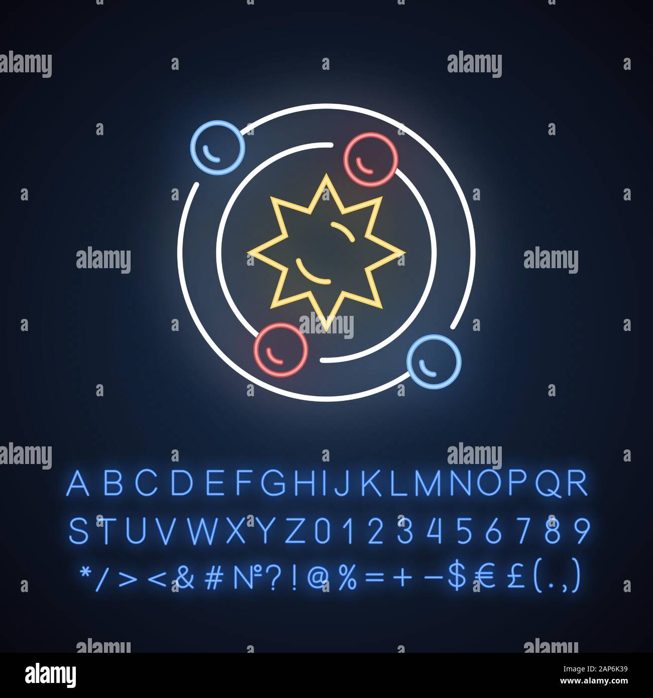 Astrophysics neon light icon. Study of universe, stars, planets, galaxies. Astrophysical discoveries. Space exploration. Glowing sign with alphabet, n Stock Vector