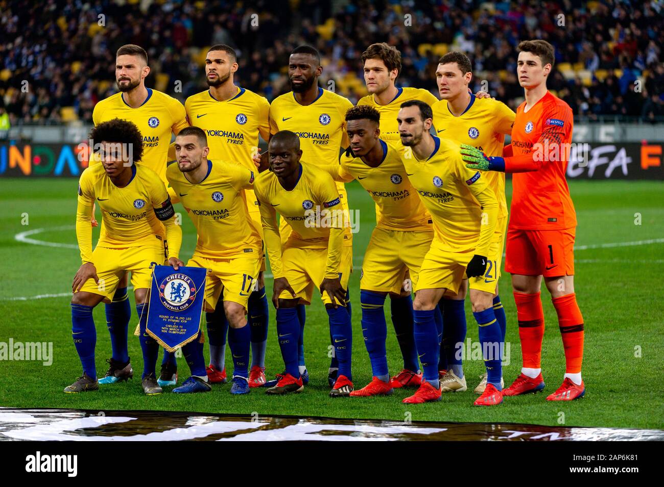 Kiev - Mar 14, 2019: Chelsea team before the game. Dynamo Kyiv - Chelsea London. UEFA Europe League. NSC Olympiyskiy stadium Stock Photo