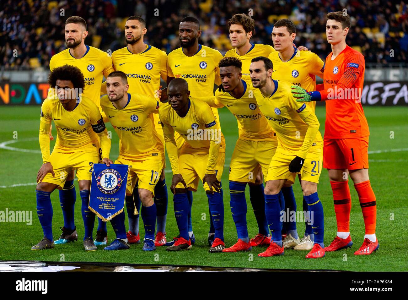 Kiev - Mar 14, 2019: Chelsea team before the game. Dynamo Kyiv - Chelsea London. UEFA Europe League. NSC Olympiyskiy stadium Stock Photo