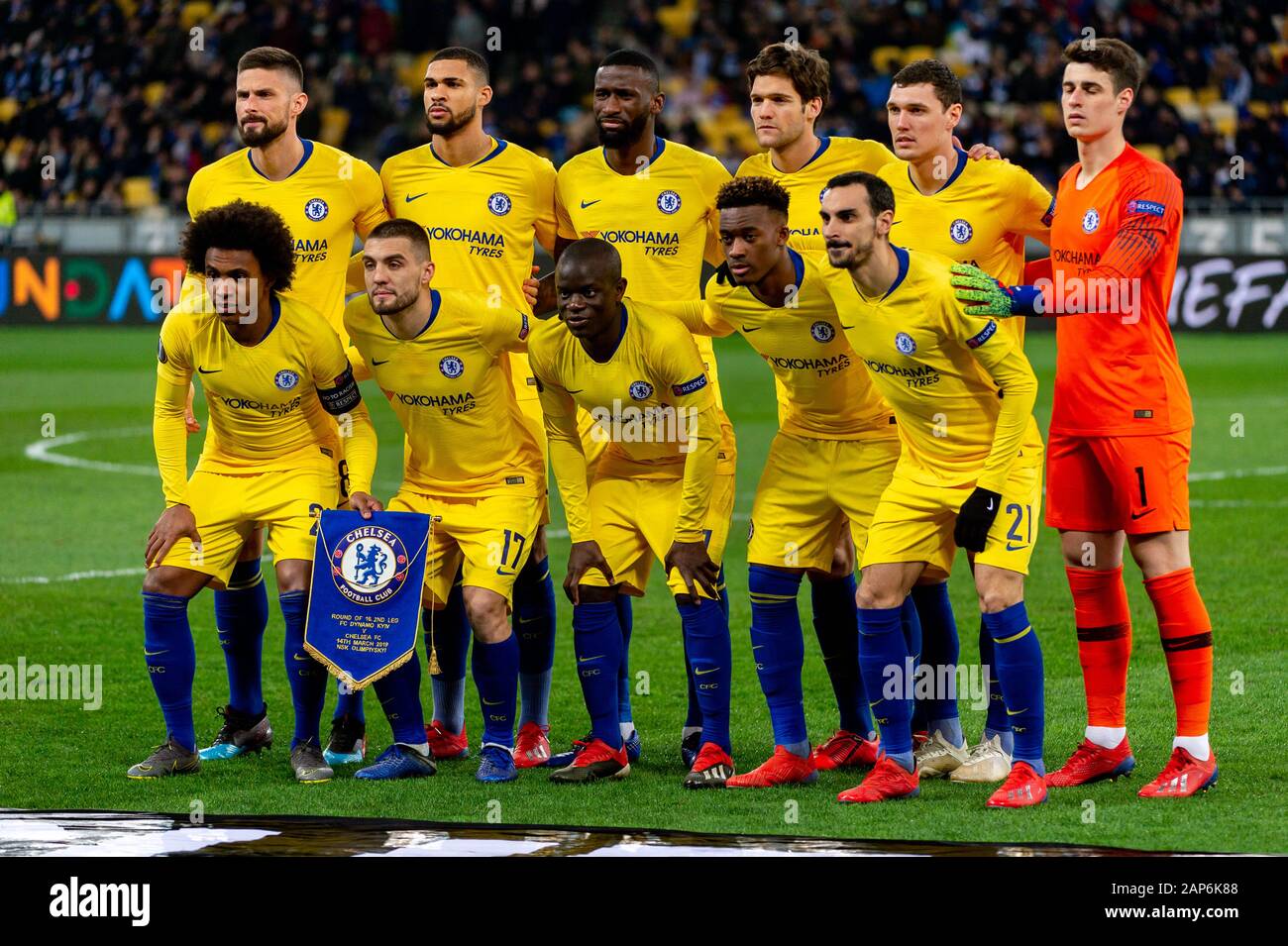 Kiev - Mar 14, 2019: Chelsea team before the game. Dynamo Kyiv - Chelsea London. UEFA Europe League. NSC Olympiyskiy stadium Stock Photo