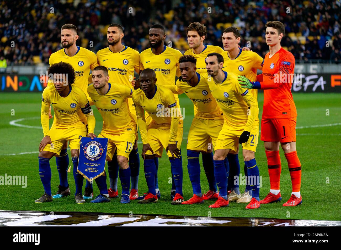 Kiev - Mar 14, 2019: Chelsea team before the game. Dynamo Kyiv - Chelsea London. UEFA Europe League. NSC Olympiyskiy stadium Stock Photo