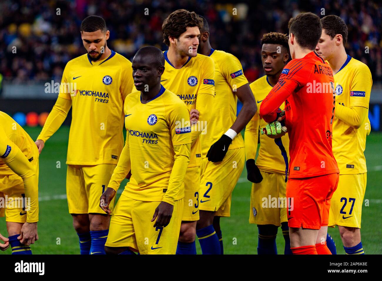 Kiev - Mar 14, 2019: Chelsea team before the game. Dynamo Kyiv - Chelsea London. UEFA Europe League. NSC Olympiyskiy stadium Stock Photo