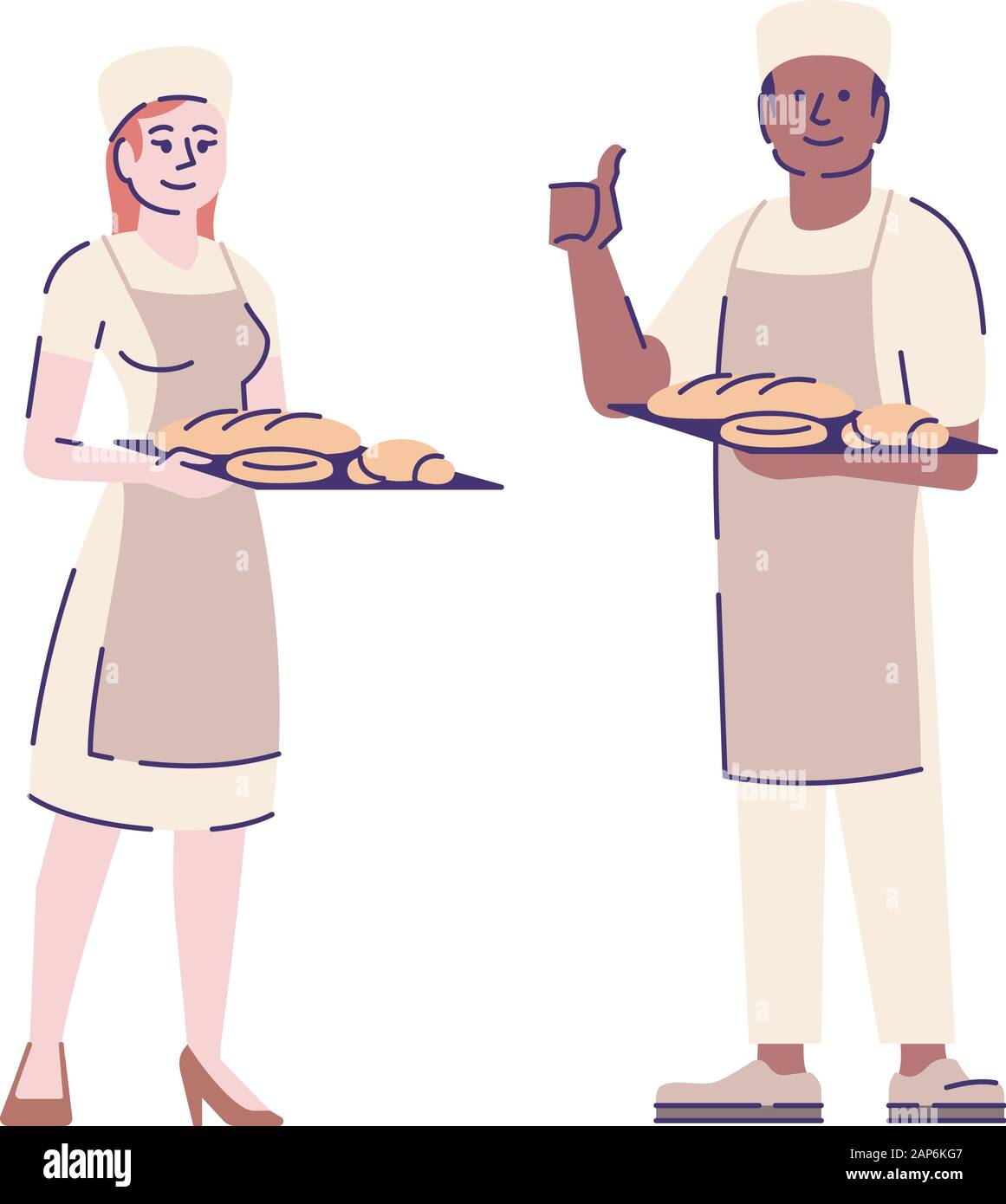 Bakers Couple Flat Vector Character Restaurant Chefs Bakery Workers Cartoon Illustration With Outline Woman And Man Confectioners Holding Tray With Stock Vector Image Art Alamy