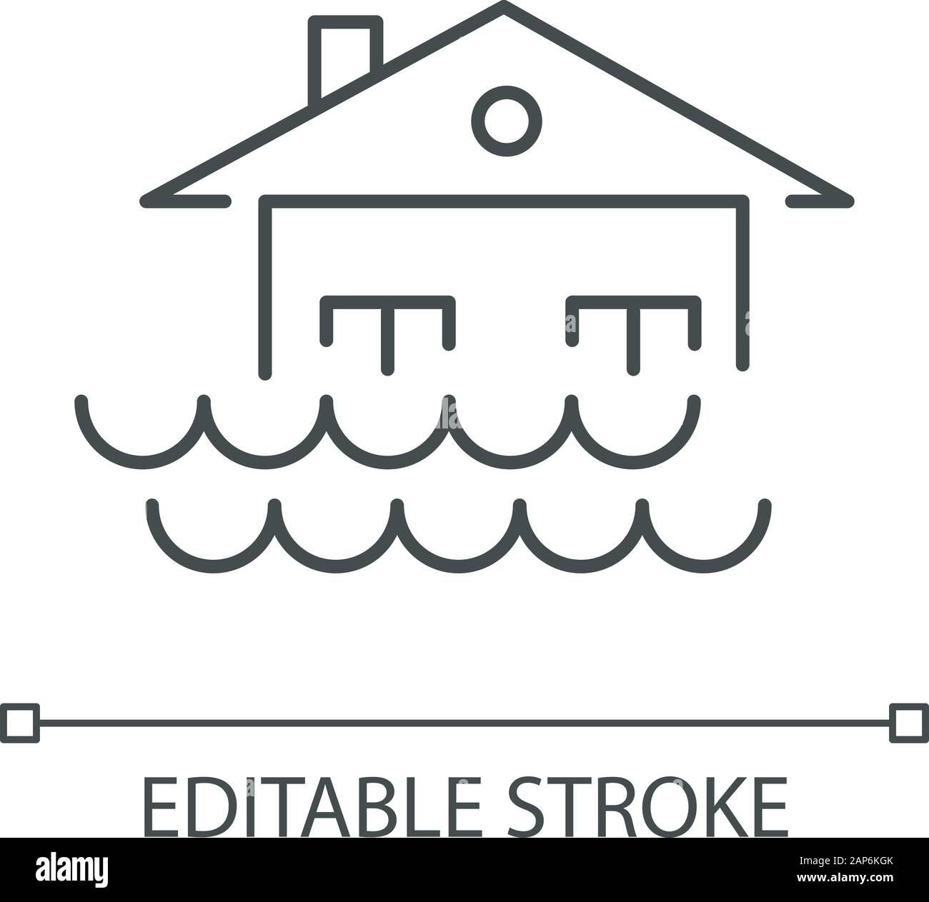 Flood linear icon. Overflow of water. Sinking house. Submerged building. Natural disaster. Thin line illustration. Contour symbol. Vector isolated out Stock Vector