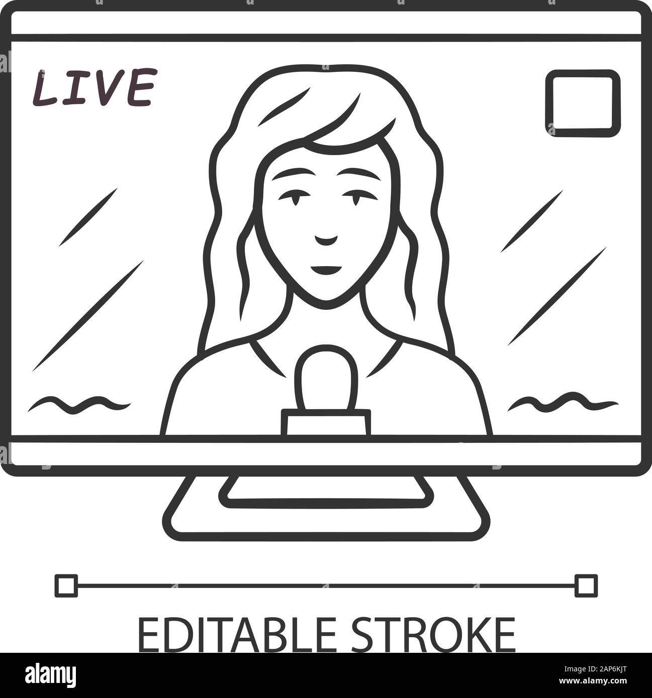 Reporter woman on TV linear icon. Female journalist reporting breaking ...