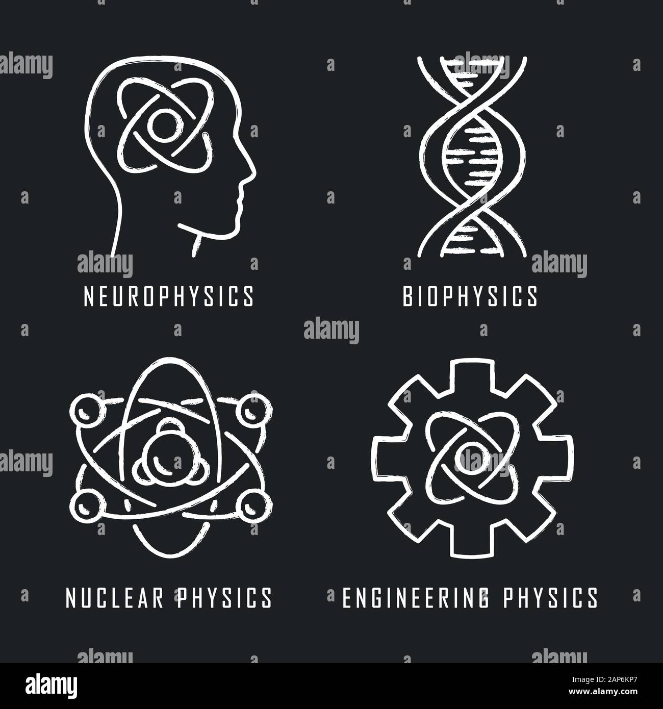 Physics branches chalk icons set. Neurophysics, biophysics, engineering and nuclear physics. Human brain, structure of molecule. Physical processes le Stock Vector