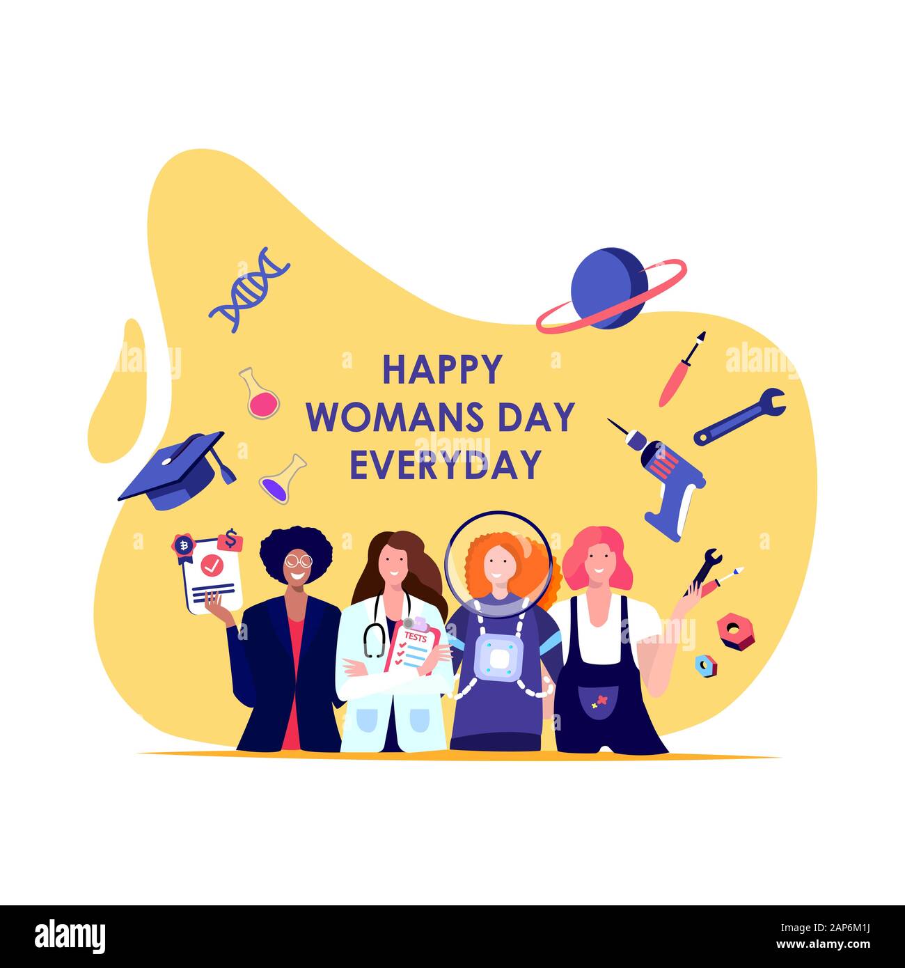 Feminism concept.Women in Costume of Lawyer,Financier, Astronaut