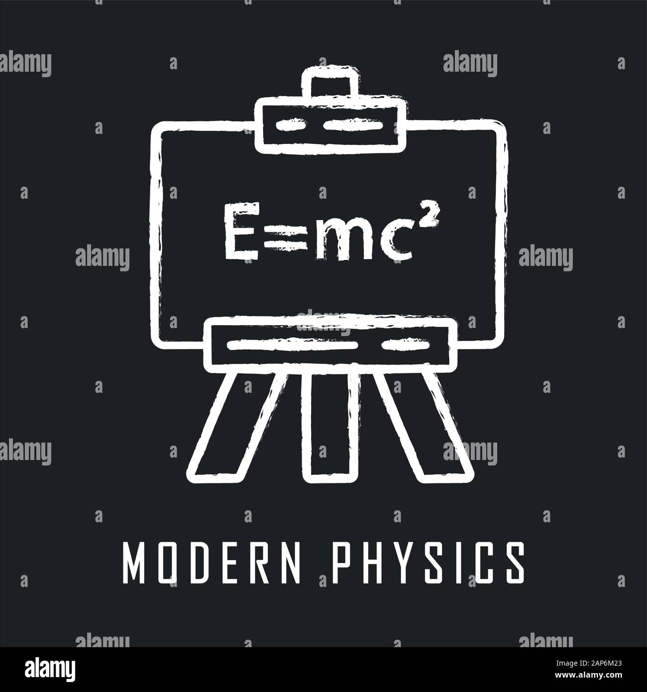 Modern physics chalk icon. Theory of relativity and quantum mechanics. Branch of physics. Up-to-date physics and learning. Einstein formula on whitebo Stock Vector